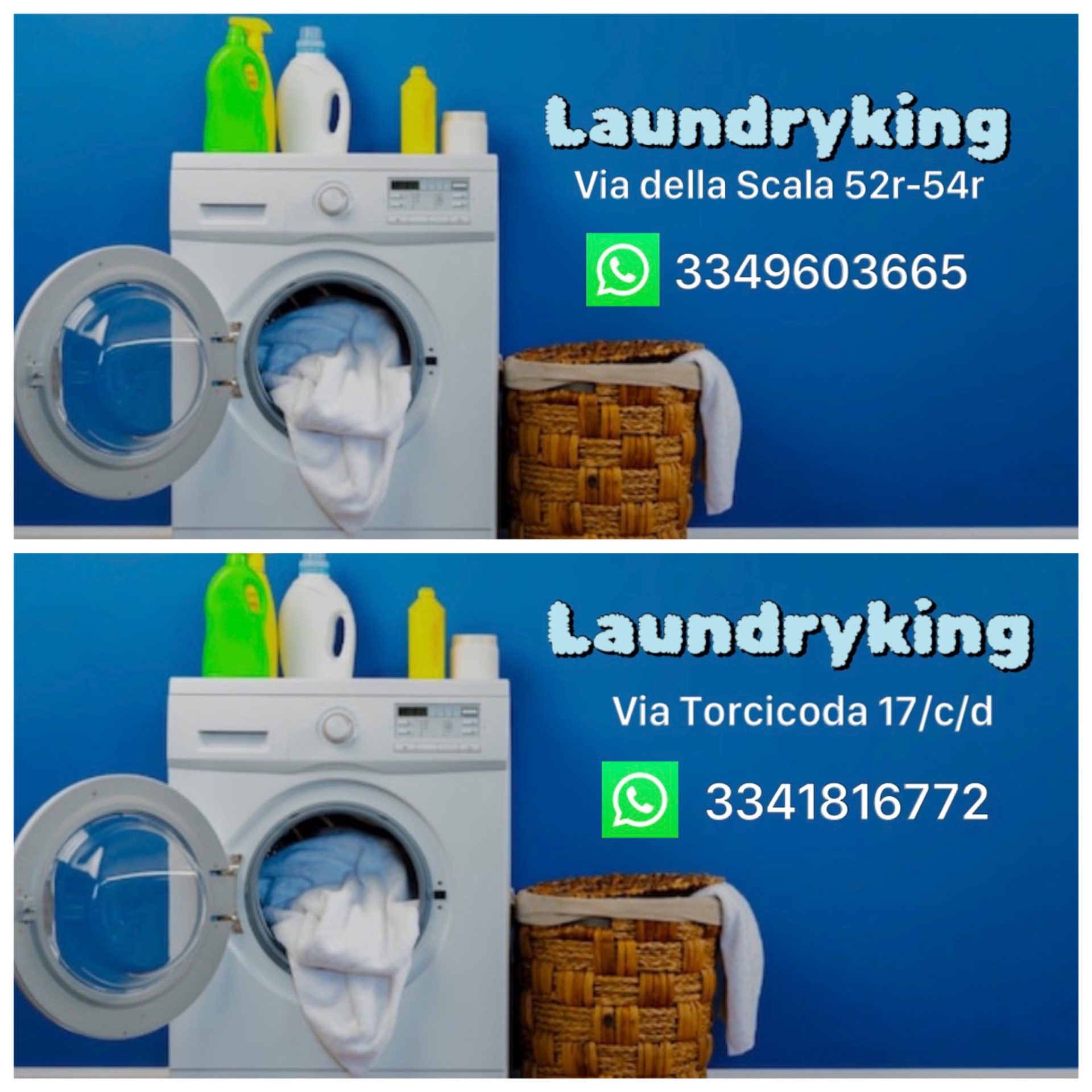 Lavatrice con cestello aperto, detersivi e cesto di biancheria; testo “Laundryking” con indirizzi e numeri WhatsApp.