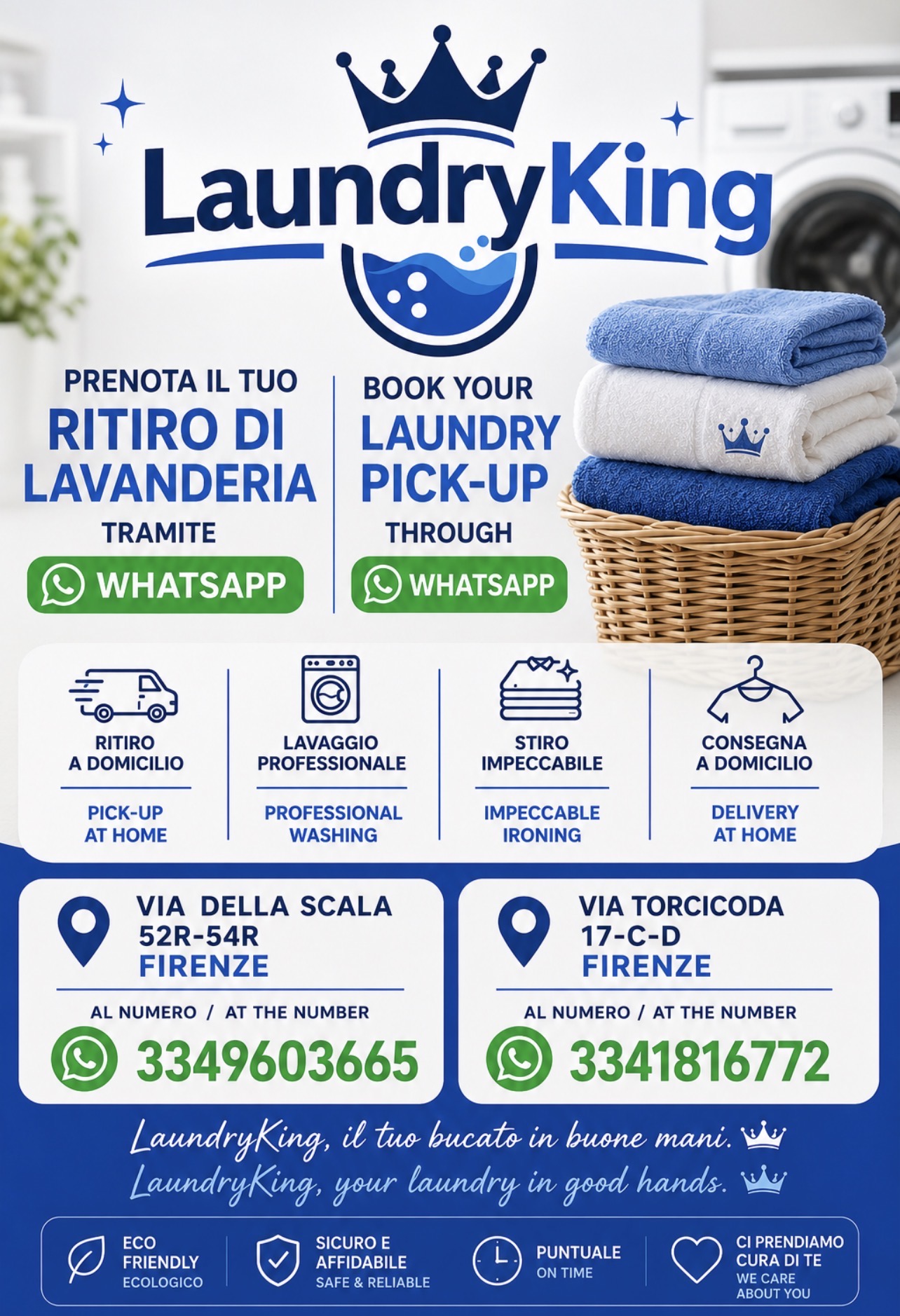 Lavatrice con cestello aperto, detersivi e cesto di biancheria; testo “Laundryking” con indirizzi e numeri WhatsApp.